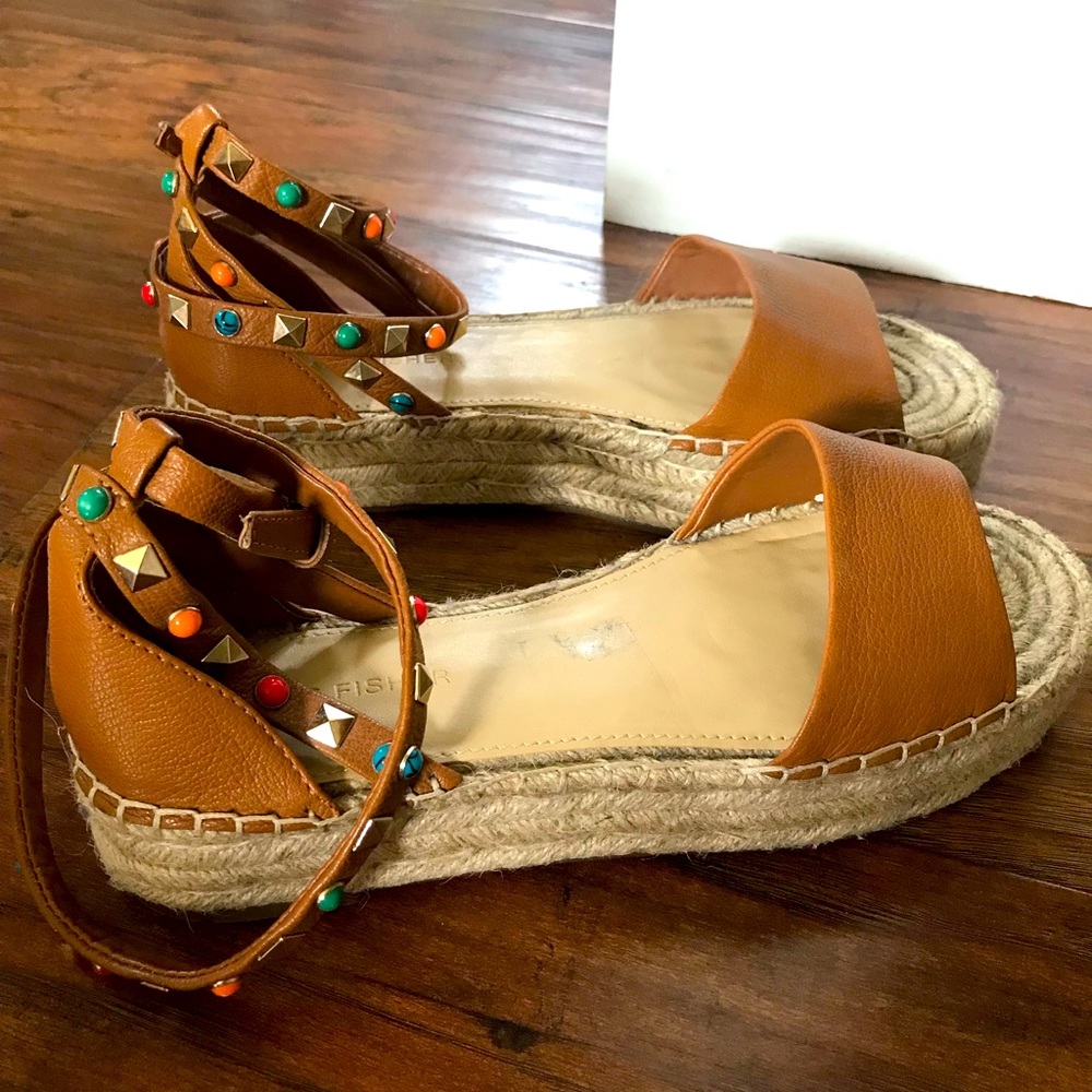 Marc Fisher Leather Espadrilles w/Jewel Stud Ankle Strap- Vajen Style- Size 7.5M